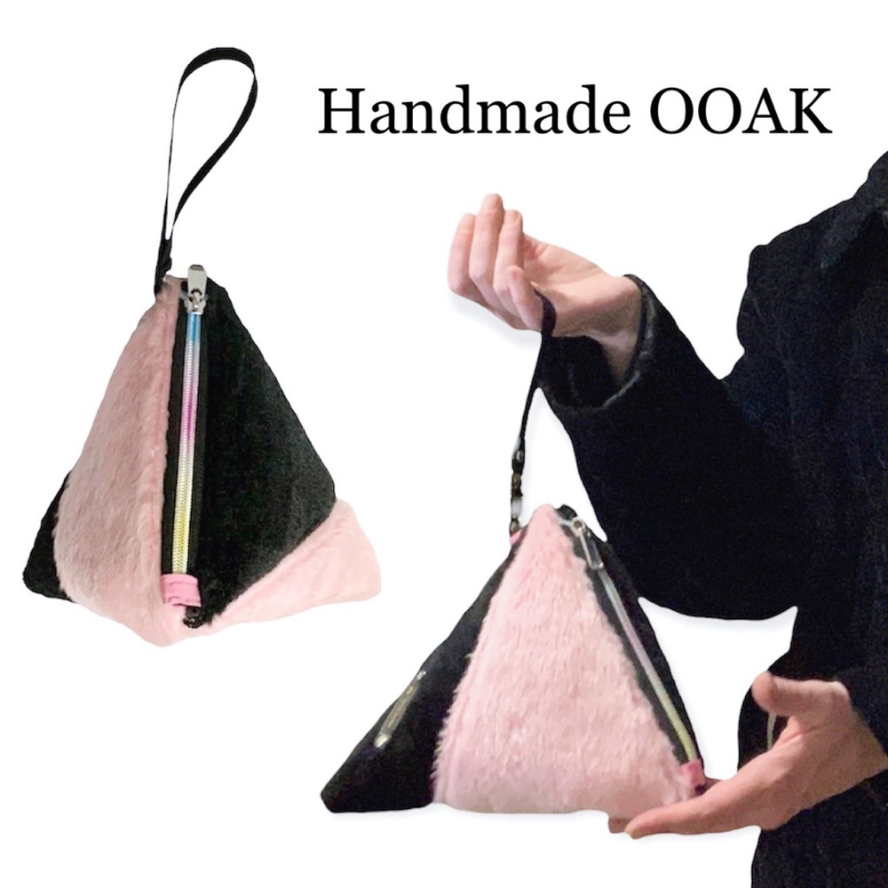 HAND CRAFTED Fur Pyramid Bag Clutch Wristlet Made with Pink & Black Faux Fur